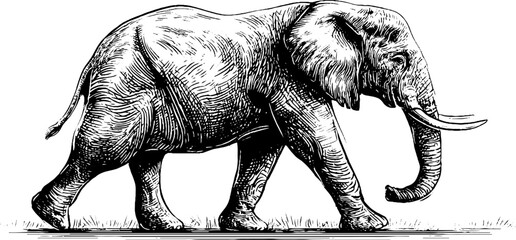 Vintage elephant side profile in engraving style – hand-drawn black and white art for posters