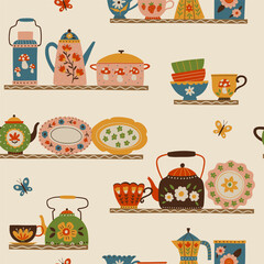 Seamless pattern with vintage kitchen utensils, teapots, cups, plates, and shelves in bright primary colors. Retro home decor design suitable for textile, wallpaper, and wrapping paper.