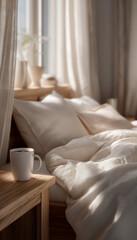 Minimal bedroom interior with soft morning light, white bedding, wooden bedside table and cup of coffee, cozy and peaceful atmosphere.