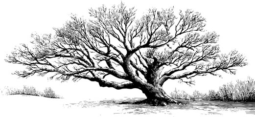 Obraz premium Vintage winter scene with snow-covered bare tree for seasonal design