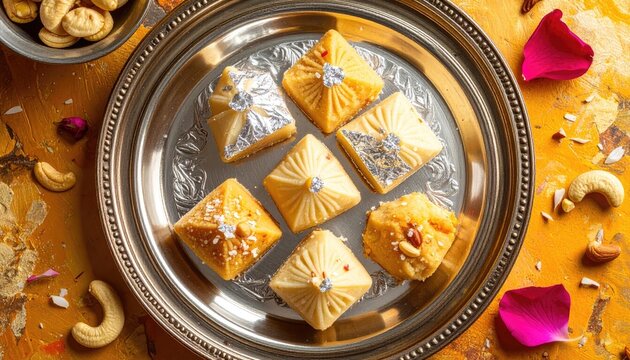 Angled Overhead View of Yellow Bangladeshi Malai Chomchom Sweets Garnished with Cashews and Silver Leaf on a Decorative Silver Platter