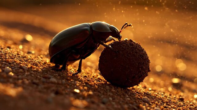 Close Up of a Dung Beetle Rolling a Dung Ball on Sandy Ground During Sunset With Golden Hour Light Highlighting the Scene in Nature