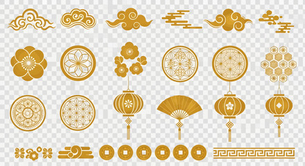 Golden traditional chinese decorative elements including clouds, flowers, lanterns, fans, coins, and geometric patterns on a transparent background
