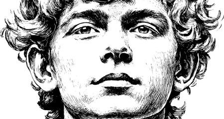 Vintage engraved portrait of young man with curly hair in classical style for art design