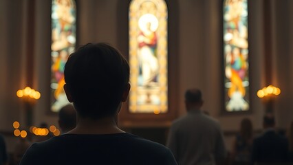 chant. A solitary worshipper in a church, bathed in warm candlelight, reflecting devotion and tranquility. event programs, museum guides, designed for cultural heritage projects and event programs.
