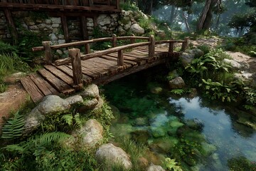 Rustic Wooden Bridge Over a Clear Forest Stream creek nature