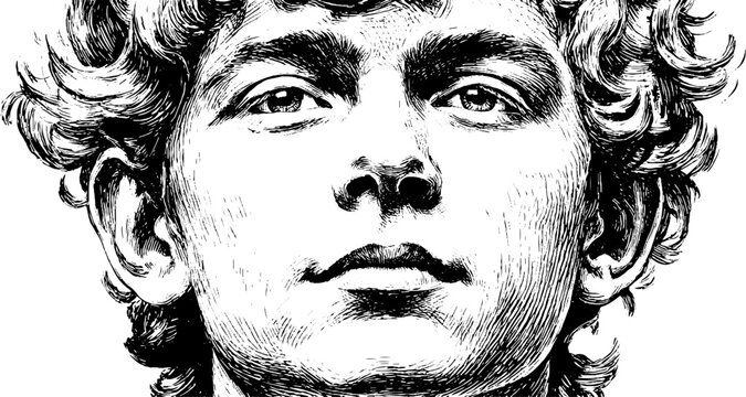 Vintage engraved portrait of young man with curly hair in classical style for art design