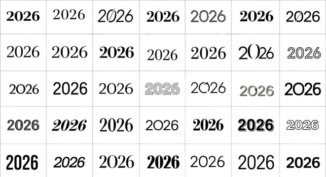 The year 2026 repeated multiple times in various fonts and styles, isolated on a