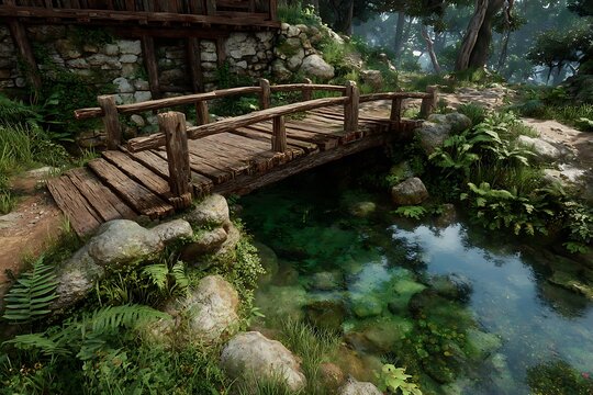 Rustic Wooden Bridge Over a Clear Forest Stream creek nature - Powered by Adobe