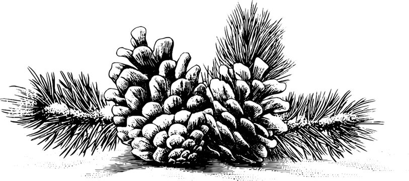 Vintage winter nature scene with engraved pine cones and snow-covered branches for holiday design