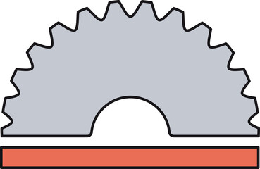 Semicircle gear icon in grey with a red rack illustrating a mechanical system for motion and power transmission