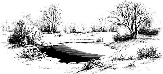 Winter scene with frozen pond and snowy bushes for seasonal design