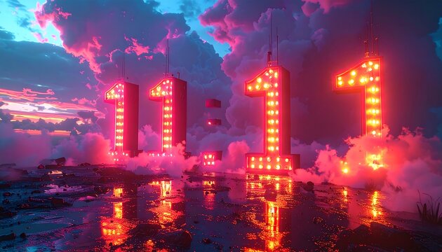 Neon-lit 1111 structures emerge from a rocky landscape amidst dense, pink-hued clouds at twilight. Dramatic sky and reflective surface