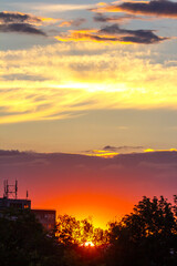Colorful sunset casts warm glow over city skyline and silhouettes of trees