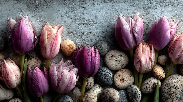 Soft Pink and Purple Tulips with Smooth Stones on Textured Wood flowers