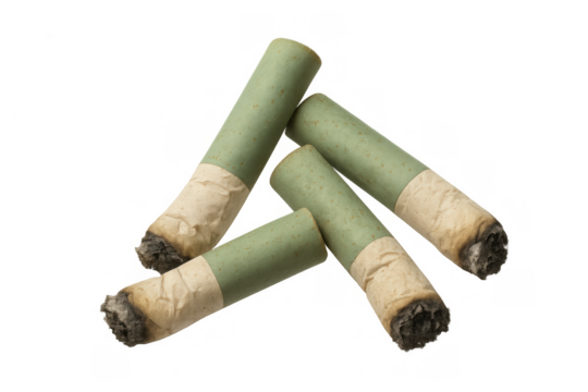 Used green cigarette butts showing tobacco residue and ash. Illustrating addiction, health risks, and littering on transparent background - Powered by Adobe