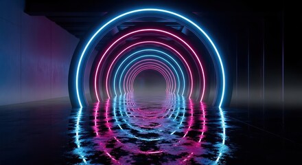 Enigmatic tunnel of radiant circles with mirrored reflections in a dark futuristic space