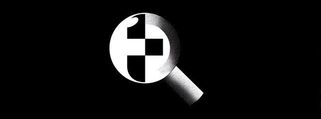 A magnifying glass examines a checkered pattern. Black and white, digital art style