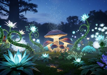 A magical scene of glowing mushrooms and flowers at night in a fantasy forest setting view