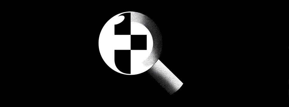 A magnifying glass examines a checkered pattern. Black and white, digital art style
