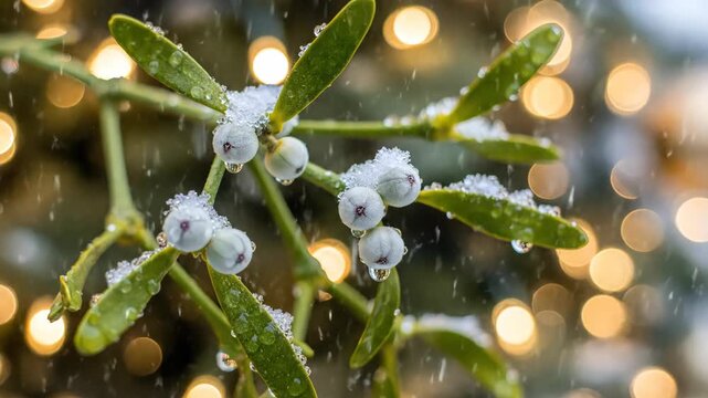 Macro Shot of Mistletoe Sprig with Green Leaves, White Berries, Water Droplets and Snowflakes Against Blurry Warm Bokeh Lights Christmas Festive