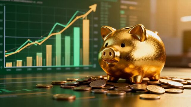A golden piggy bank surrounded by coins, positioned before stock and financial graphs, perfect for day of banks