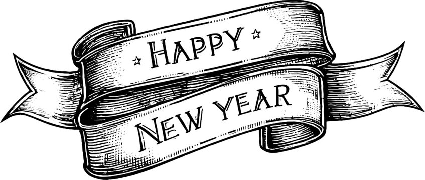 Vintage engraved ribbon banner with happy new year message - perfect for holiday greetings and retro designs
