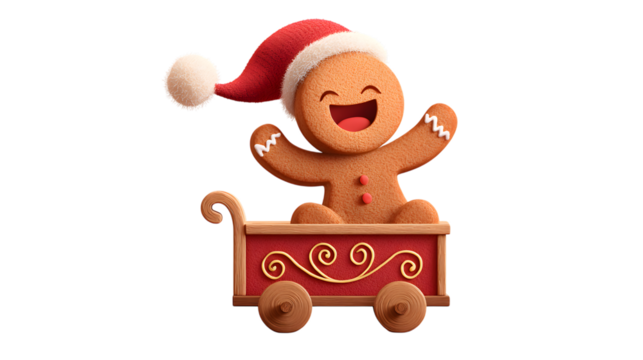Joyful gingerbread man in a festive christmas wagon