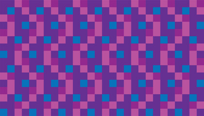 Seamless geometric pattern in purple, pink, and blue hues with square grid design. The bold contrast and rhythmic repetition create a vibrant, modern, and playful visual style