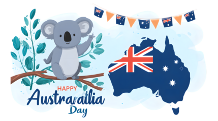 Happy australia day with a waving koala and australian map
