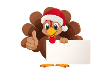 Festive turkey wearing santa hat holding blank sign