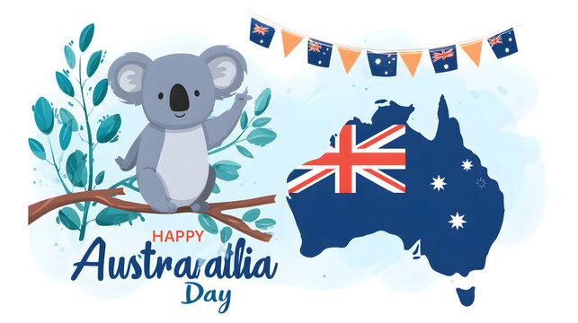 Happy australia day with a waving koala and australian map - Powered by Adobe