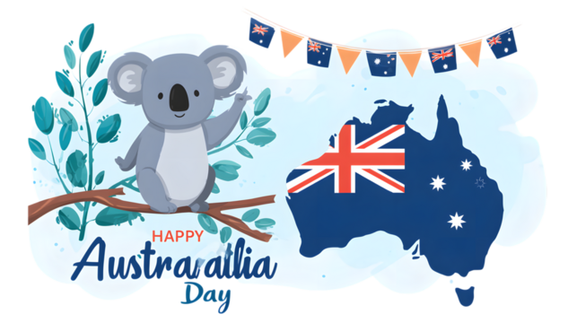 Happy australia day with a waving koala and australian map