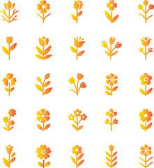 Collection of twenty five stylized golden yellow flowers with delicate petals and green leaves on a white background