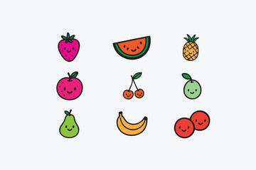 Retro Fruits Doodle Vector Illustration Isolated on White Background.
