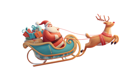 Santa claus and reindeer flying in a sleigh laden with gifts
