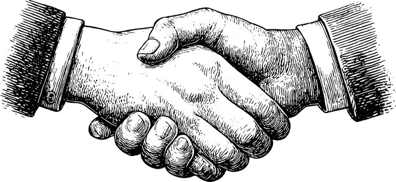 Vintage engraving of two men shaking hands in agreement, concept of partnership and unity
