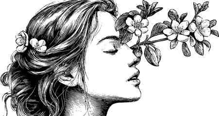 Vintage spring portrait of woman with blossom branch in hand-drawn engraving style for design