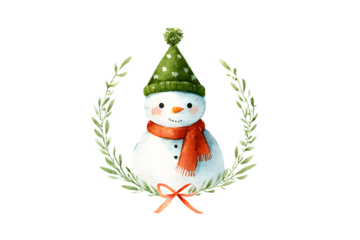 Charming watercolor snowman with green hat and red scarf in laurel wreath