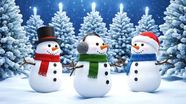 Three cheerful snowmen wearing hats and scarves are dancing merrily in winter forest. Cheerful snowmen dancing and having fun in snowy winter scene with festive mood.