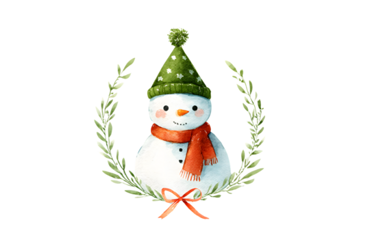 Charming watercolor snowman with green hat and red scarf in laurel wreath