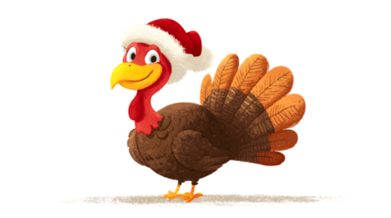 Festive cartoon turkey wearing a santa hat ready for christmas