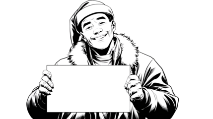 Mysterious figure holding a blank sign in stark outline