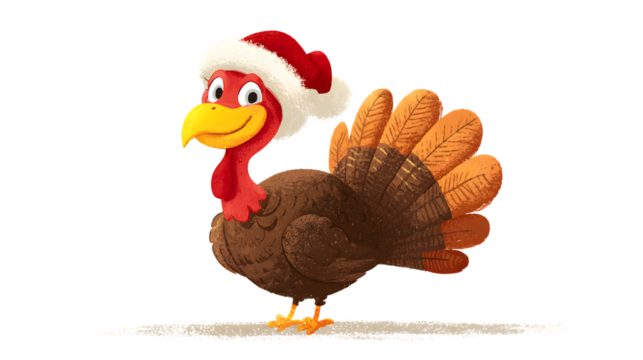Festive cartoon turkey wearing a santa hat ready for christmas