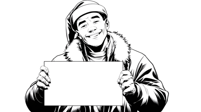 Mysterious figure holding a blank sign in stark outline