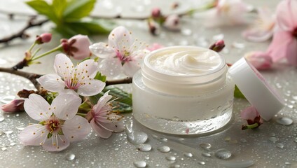 A jar of cream with pink blossoms and water droplets on a reflective surface, close up shot beauty