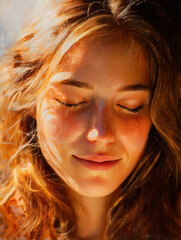 Close-up portrait of woman with golden hair in sunlight, eyes closed, peaceful expression, warm natural tones and soft focus.