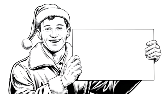 Stylized portrait of a person holding a blank sign in black and white