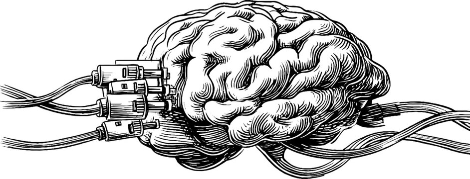 Vintage engraving of brain with network cables concept for technology and innovation design
