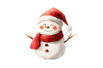 Fototapeta premium Charming watercolor snowman wearing a santa hat and red scarf